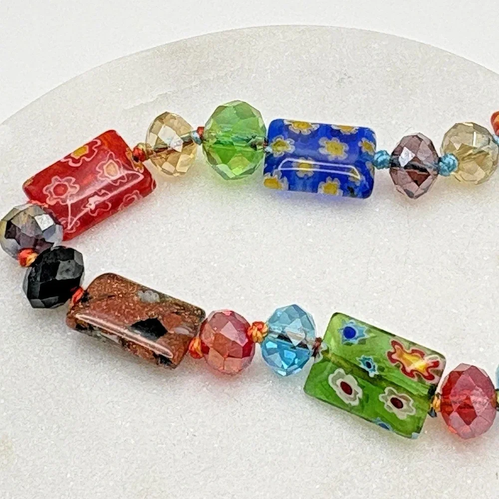 Vintage Murano Glass Necklace Millefiori Rectangle AB Handmade 50